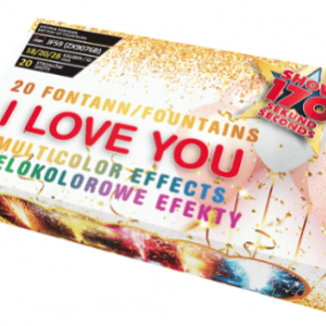 I LOVE YOU -BATTERY OF FOUNTAINS FOUNTAIN; BLUE TO RED FLAME; 3 LAYER FOUNTAIN (SILVER AND GOLD WITH BLUE); CRACKLING FOUNTAIN;  20 SH (CE)